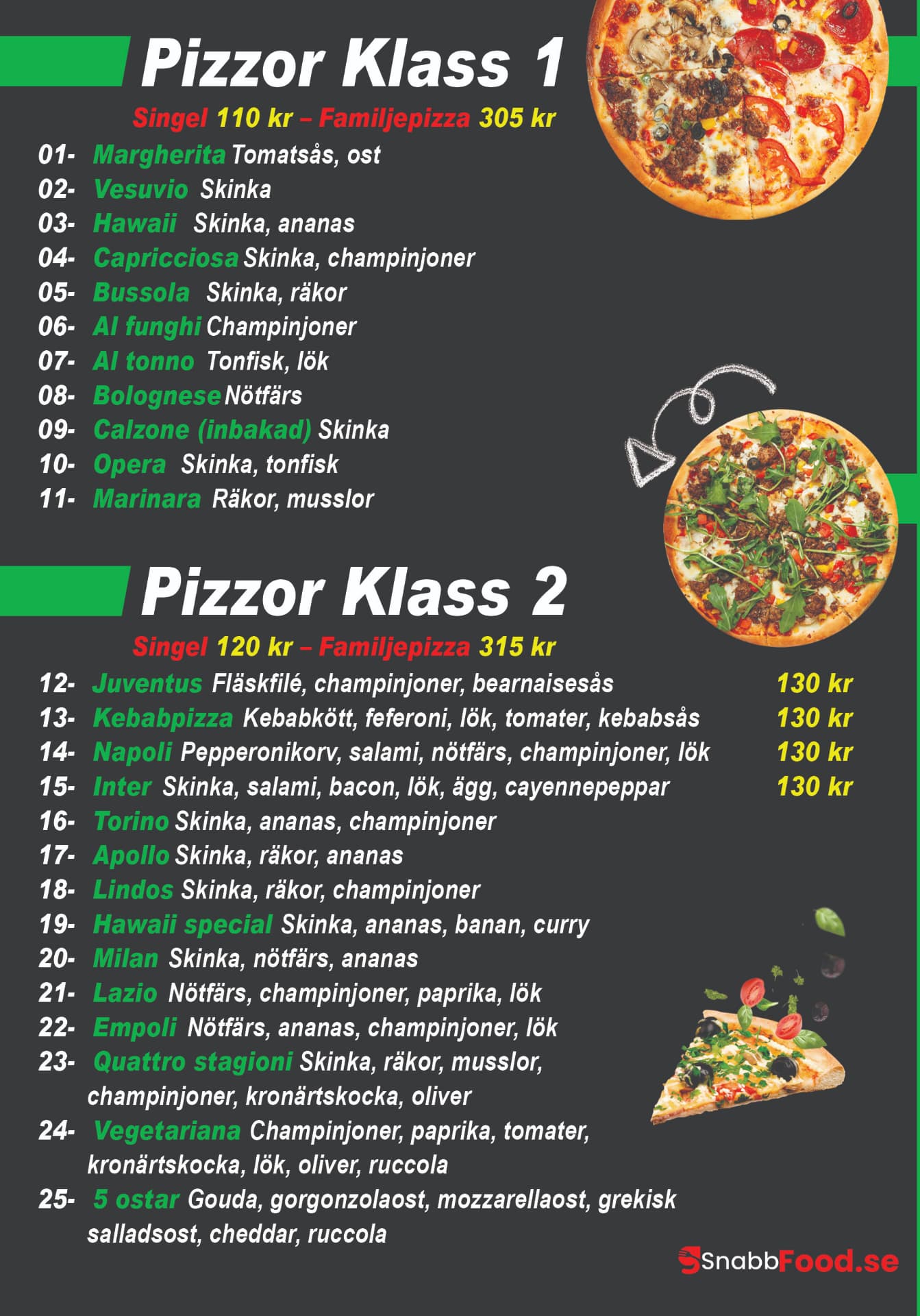 Athenas meny – Pizzor Klass 1 & 2
